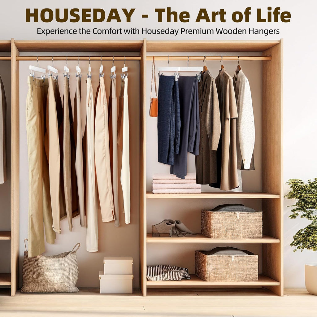 HOUSE DAY Premium Wooden Pants Hangers 25 Pack, Solid Lotus Wood Skirt Hangers with 2-Adjustable Clips, Heavy Duty & Anti Slip Wood Bottom Hanger for Slacks, Jeans, Trousers, Shorts (White)