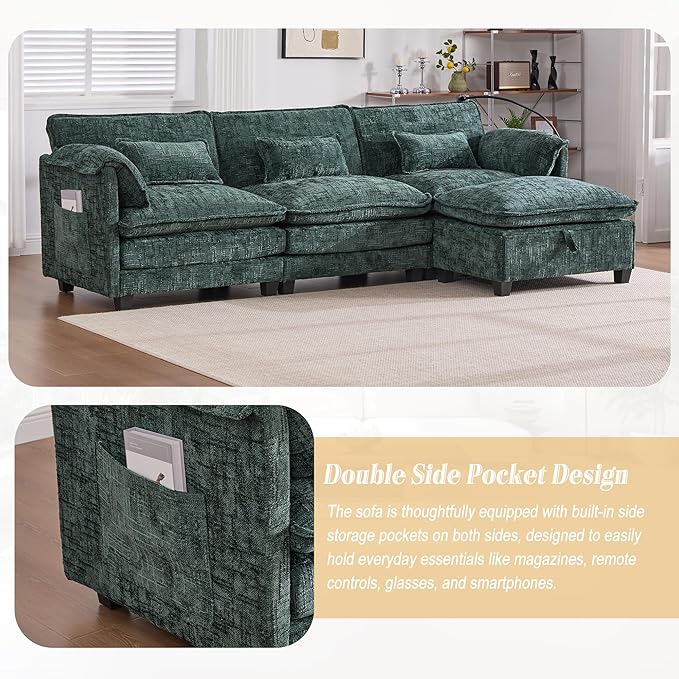 Ball & Cast Modular Sectional Sofa,Comfy Cloud Couch with Movable Storage Ottoman,L Shaped Sectional Sofa W/USB Charging Port,Phone Holder and Side Pocket,Chenille Fabric,for Living Room,Emerald,109"