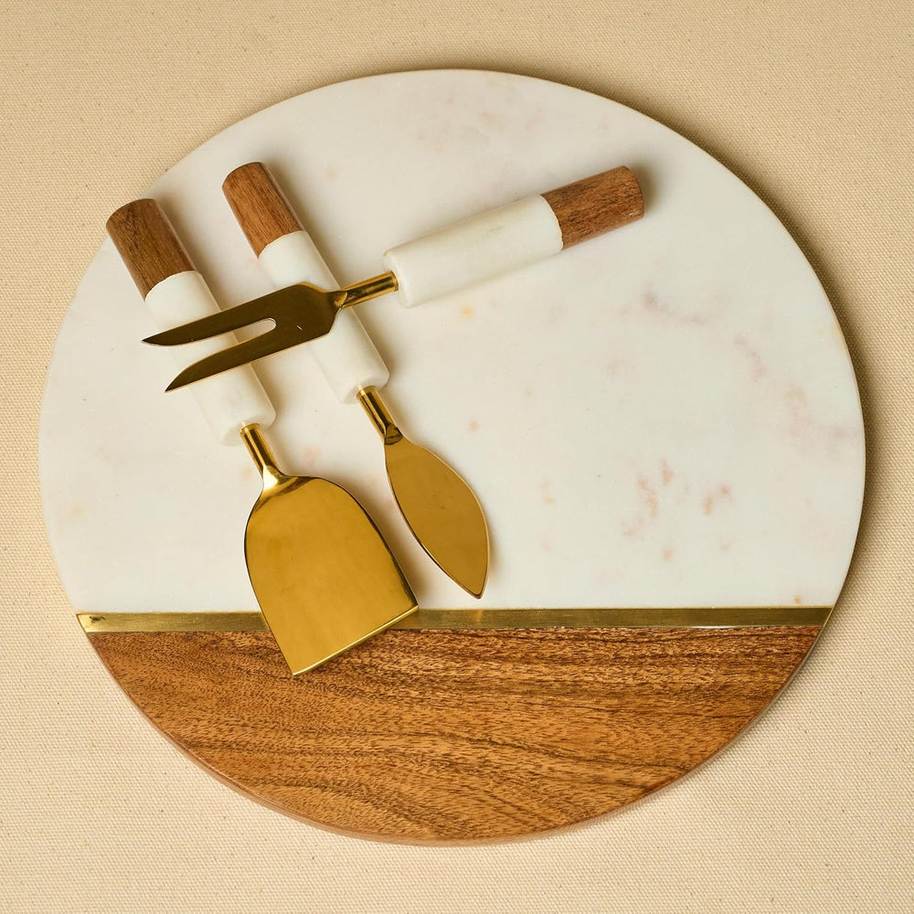 Marble Cheese Board with Wooden Thick Inlay - 3 Knife Set Included Round Char...