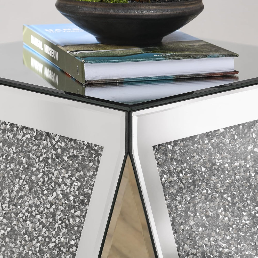 Mirrored End Table Modern Inverted Triangular Side Table with Crystal Design ...