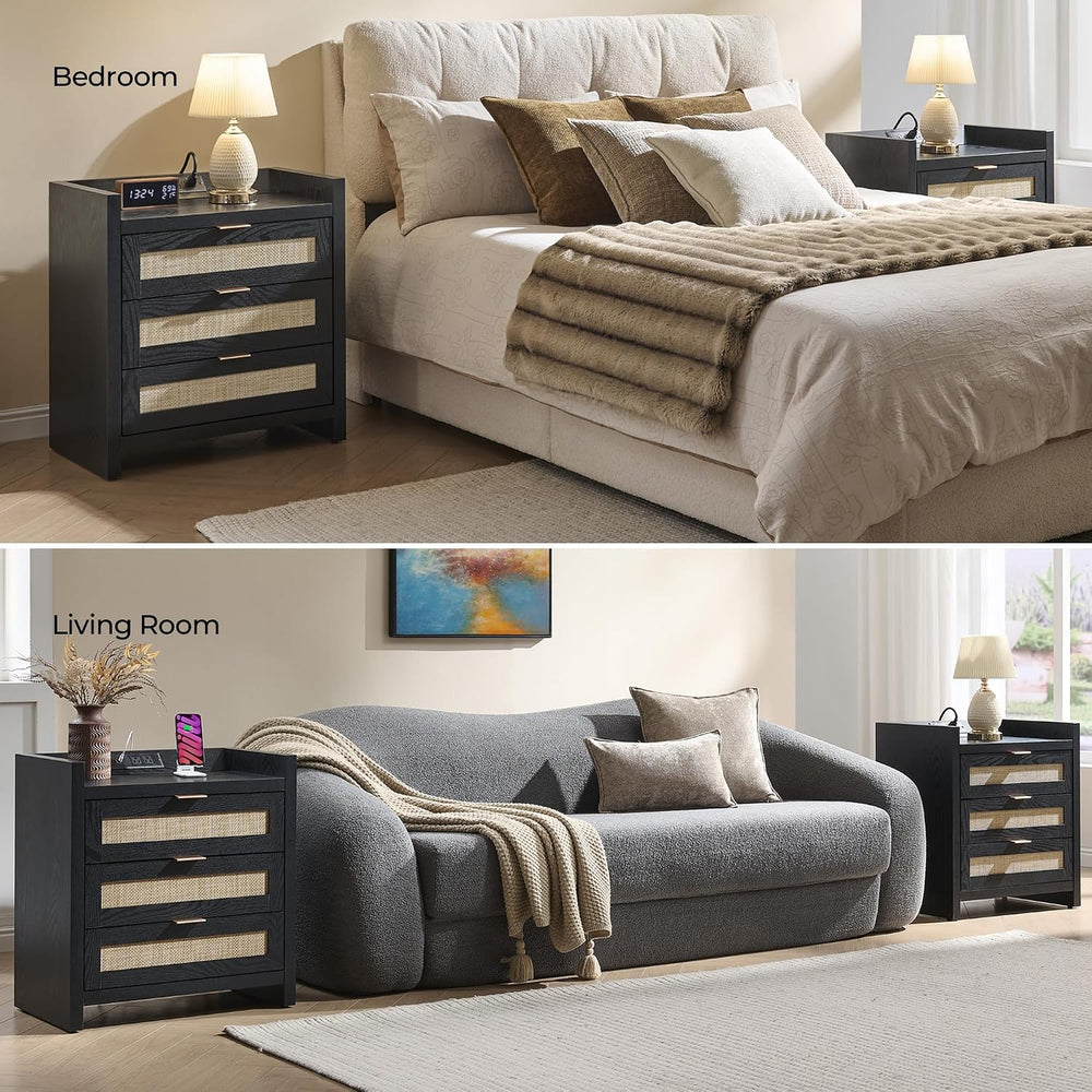 SICOTAS Nightstands Set of 2 : Rattan Tall Bedside Table with 3 Drawers | Far...