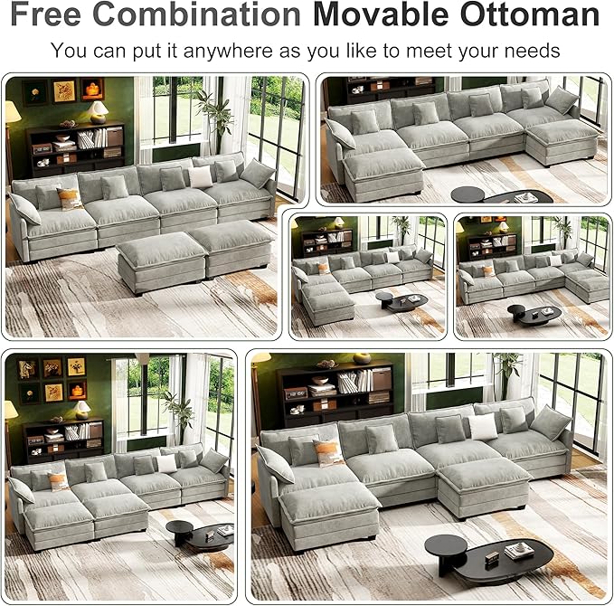 146" Cloud Couch Sectional, U Shaped Modular Sectional Sofa, 4-Seat Deep Seat Couch with 6 Removable Washable Pillows and 2 Ottoman for Living Room, Bedroom, Apartment, Light Grey