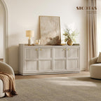 SICOTAS 61.7" 4-Door Buffet Sideboard Cabinet Living Room, Grey White Oak | Geometric Doors & Elegant Gold Handle, Slow-Close Door, 2 Separate Bays, 3-Level Adjustable Shelf, Kid & Pet Safe, 77 lbs Top