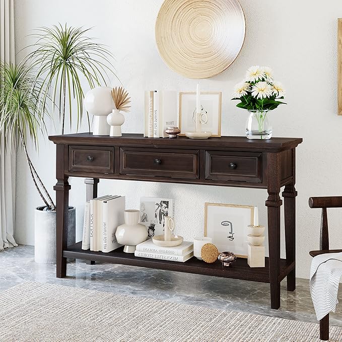 Merax Wood Farmhouse Entry Way Hallway Console Table with Drawers and Bottom Shelf Narrow Long Sideboard for Living Room Bedroom Espresso