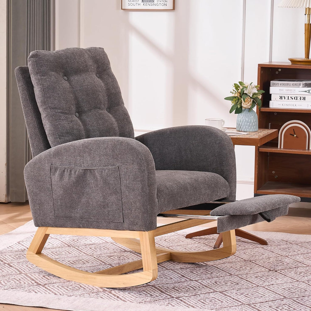 Rocking Chair with Foot Rest, Nursery Glider Teddy Gliding Rocking Chair with Retractable Footrest Rubber Wood Legs Side Pocket High Back & Wide Seat Nursing Chair for Living Room (Gray)