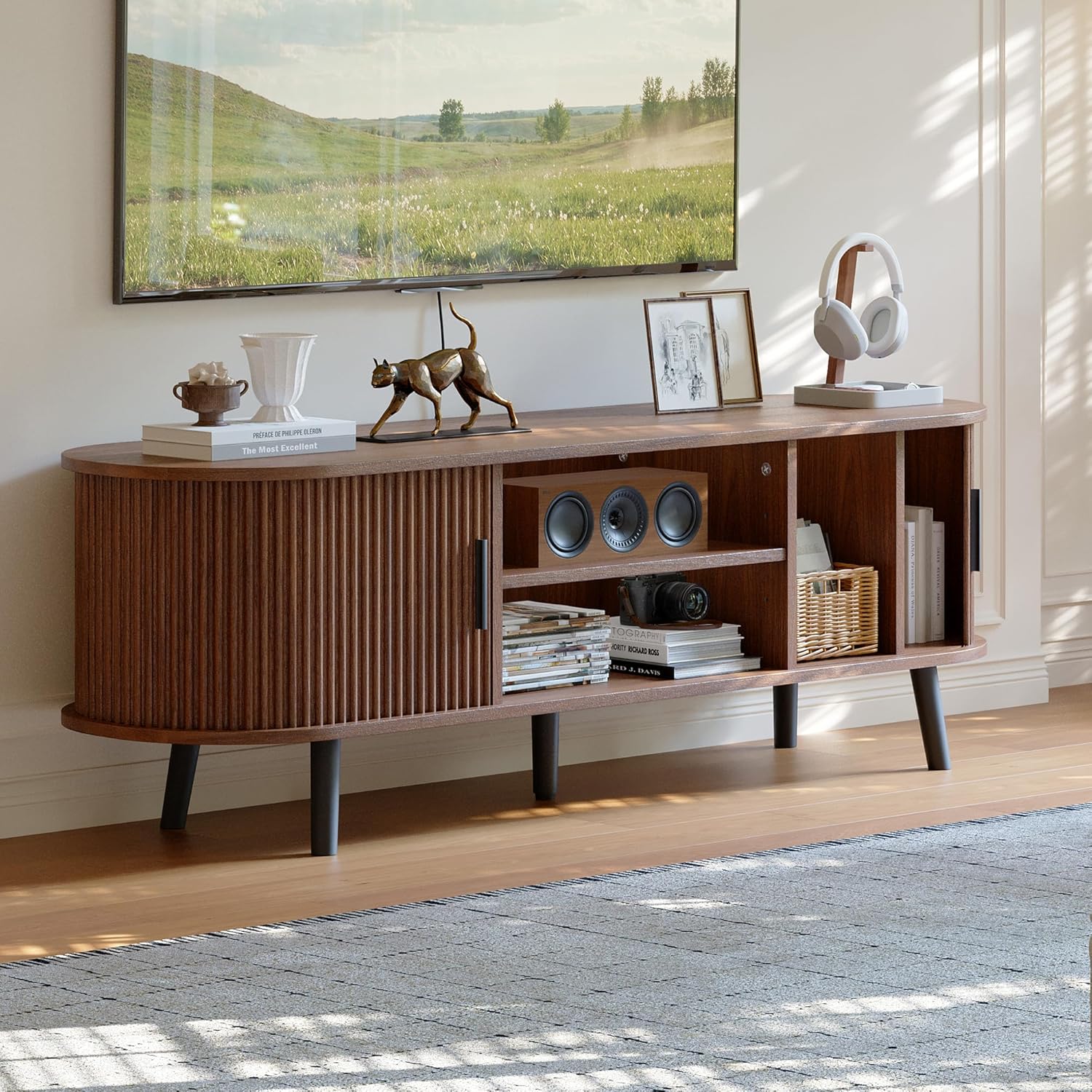 ChooChoo 54" Mid Century Modern TV Stand with Fluted Sliding Doors | Entertainment Center with Hidden Storage and Adjustable Shelf, TV Console for Living Room, Bedroom, Walnut