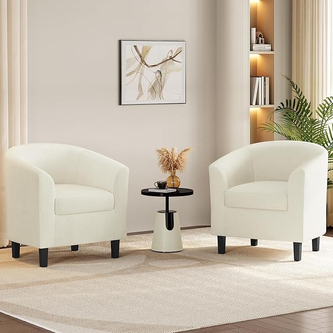 Yaheetech Corduroy Barrel Chairs Set of 2, Upholstered Club Chairs Accent Chairs, Round Armchairs Waiting Room Chairs with Soft Cushion for Living Room Bedroom Reading Room, Beige