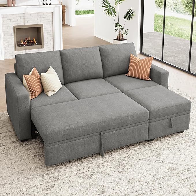 HONBAY Modular Sectional Sleeper Sofa with Pull Out Bed, L Shaped Sofa with Storage, Modular Sectional Couches for Living Room, Warm Grey