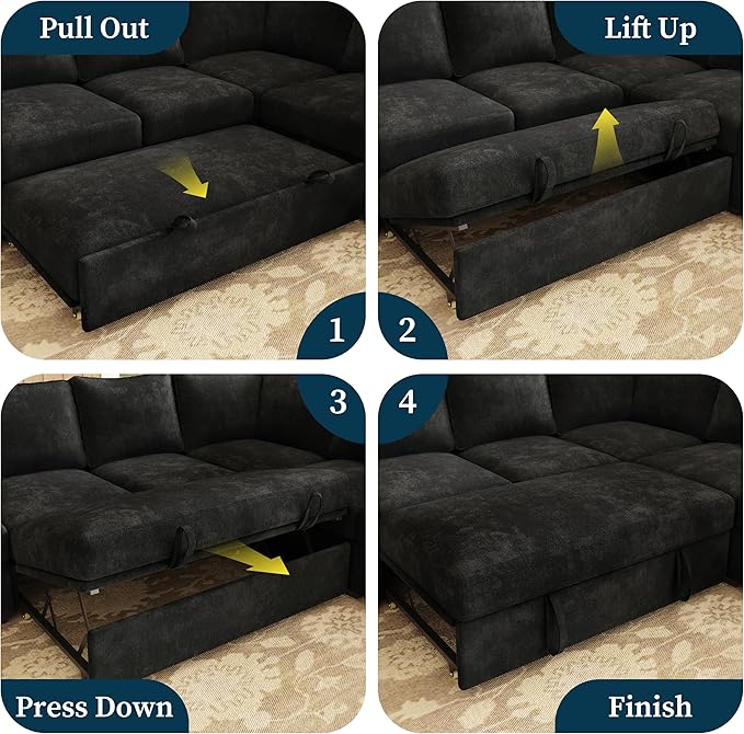 106.7" Sectional Sleeper Sofa with Pull Out Couch, Modern 7 Seat U Shaped Modular Couch, Sectionals Modular Sofa with Storage, Comfy Sectional Couches for Living Room & Apartment, Black