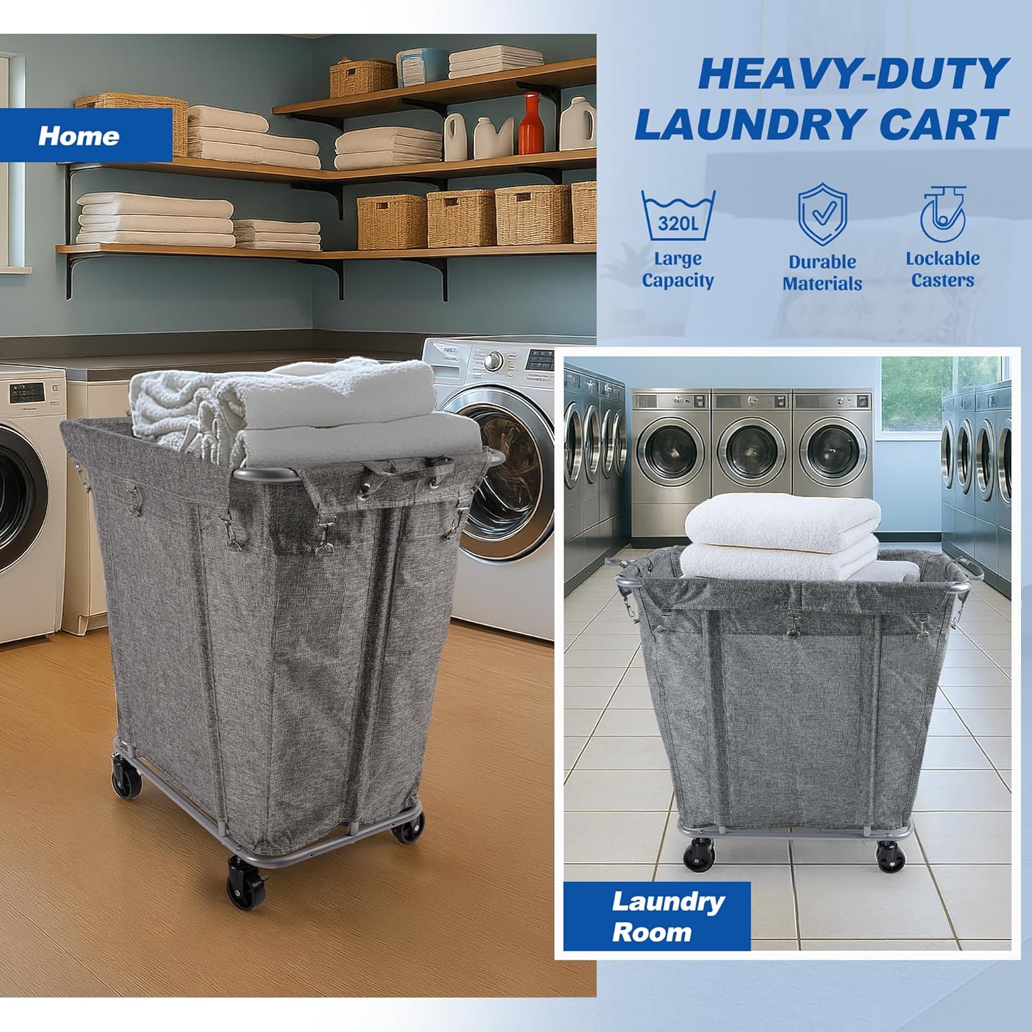 PLKOW Laundry Cart with Wheels 320L Large Rolling Laundry Cart for Commercial/Home, Rolling Laundry Basket with Steel Frame and Waterproof Lining, 9 Bushel, 32.3L x 19.7W x 30.7H Inch, Grey