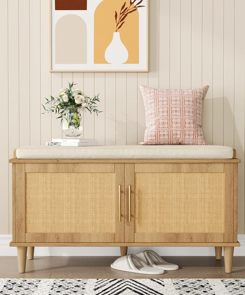 Akxomel 39.4" Rattan Shoe Storage Bench 2 Doors Wooden Entryway Bench Oa...