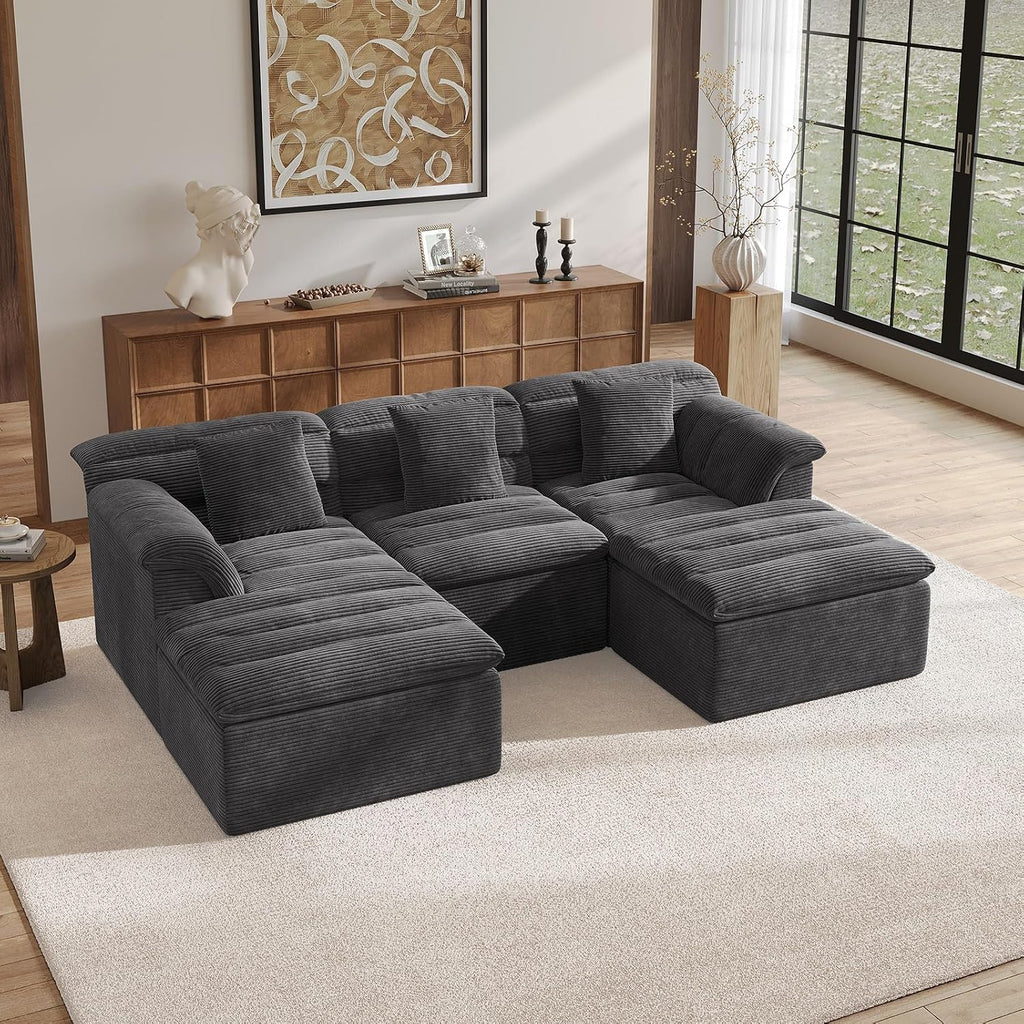 111.8" Modular Sofa with Ottoman, Boneless Cloud Couch with Deep Seat, Comfy U-Shape Corduroy Couches for Living Room, No Assembly Required, Dark Gray