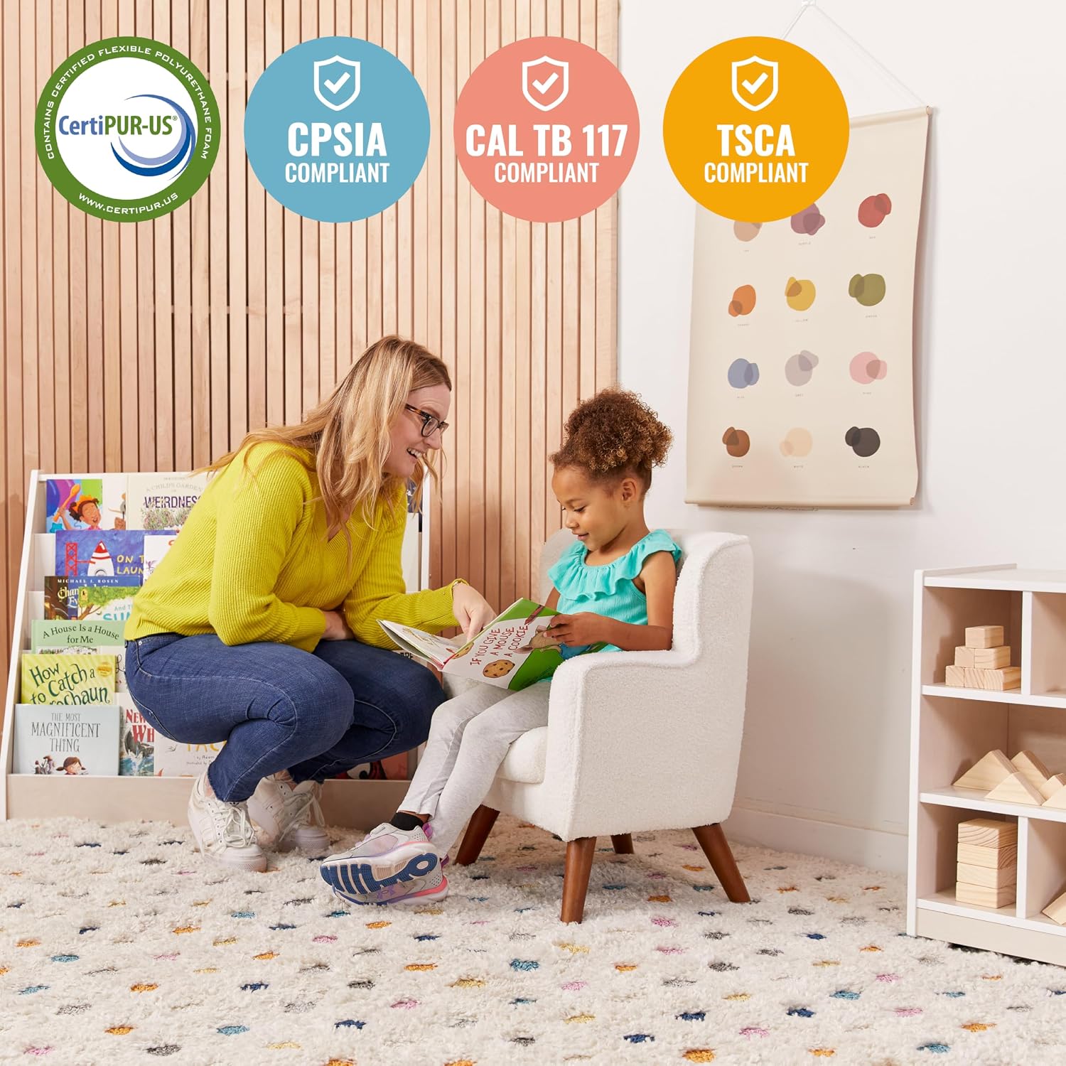 ECR4Kids Mila Sherpa Toddler Arm Chair with Removable Wooden Legs, Kids Furniture, White | Durable wood frame & high-density foam, 1-5 years, 60 lb capacity, soft sherpa fabric, gently curved back, adjustable glides