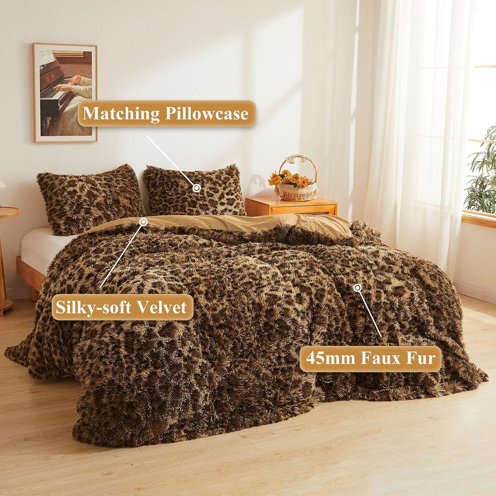 XeGe Cheetah Print Fluffy Faux Fur Duvet Cover Set, Queen, Leopard Brown