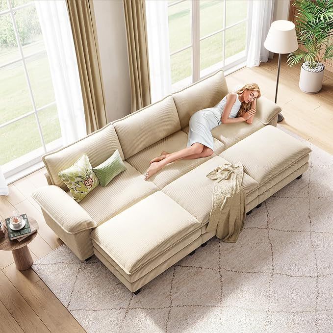 LINSY HOME Modular Sectional Sofa - 123 Inch Oversized Corduroy Cloud Couch with Movable Ottoman Soft Modern Comfy Sofa Set for Living Room Apartment Office, Beige