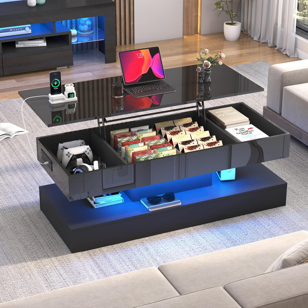 47.2" Large Lift Top Coffee Table,Modern High Glossy LED Coffee Tables f...