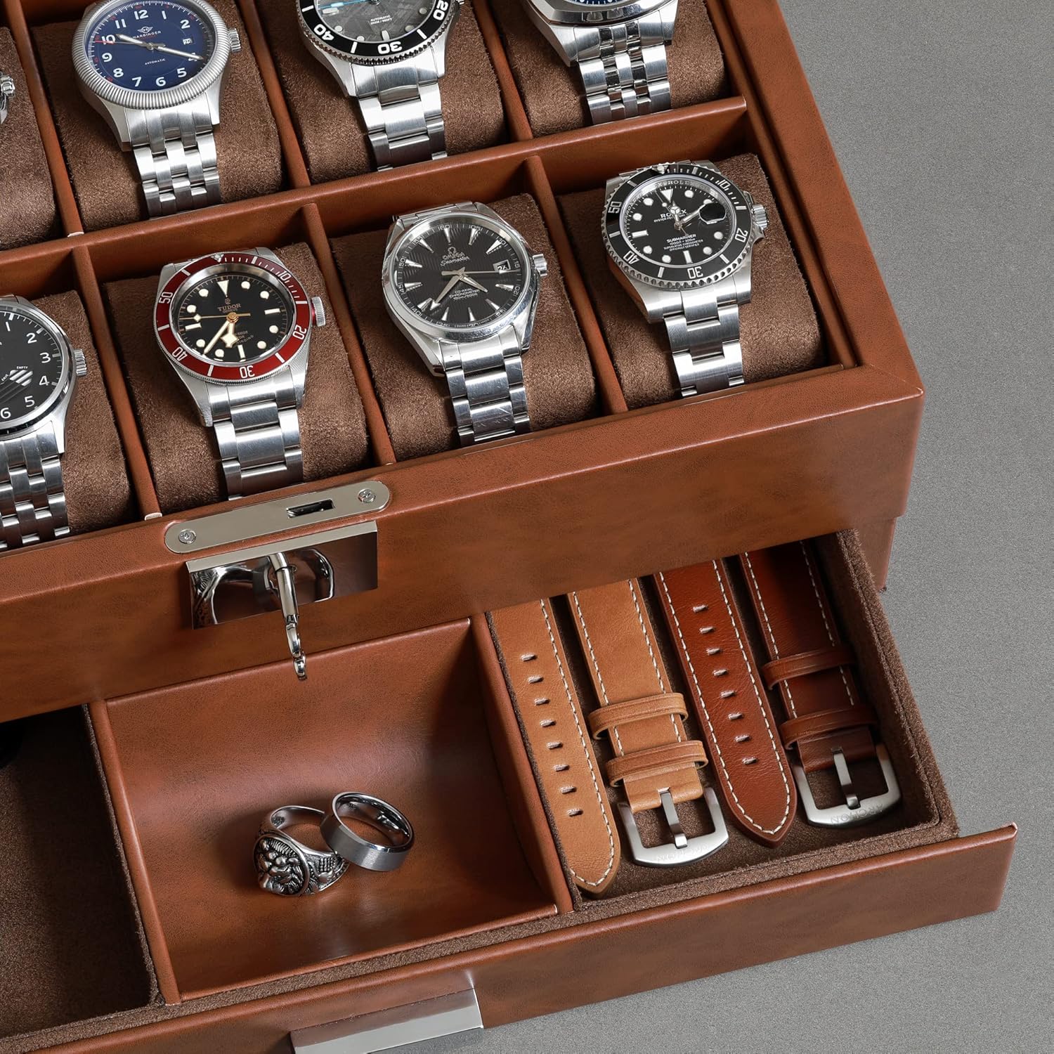 ROTHWELL 10-Slot Watch Box in Leather with Valet Drawer, Luxury Watch Case Display Organizer with Ultra Soft Microsuede Liner, Jewelry and Sunglass Holder With Large Glass top (Tan/Brown)