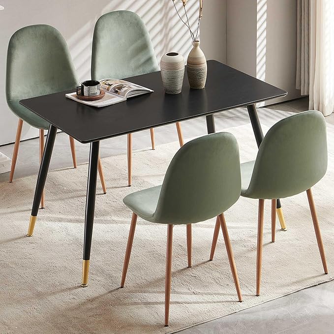 Home Kitchen Dining Room Set for 4, 5 PCS Dining Table Set, 47" Oblong Kitchen Table with MDF Black Wooden Borad and 4 Seated Upholstered Dining Chair Velvet for Dining Hall, Apartment