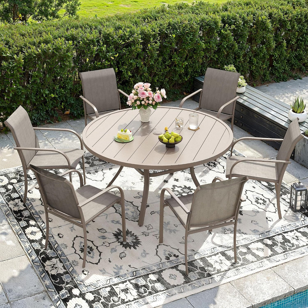 DIFY 7 Pieces Outdoor Patio Dining Set for 6, 47.2" Sandshell Round Dini...