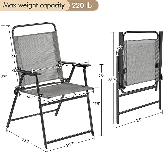 Yaheetech Outdoor Patio Chairs Set of 4, Folding Patio Chairs with Metal Frame, Armrests, Portable Dining Chairs for Camping, Lawn, Garden and Porch, Gray