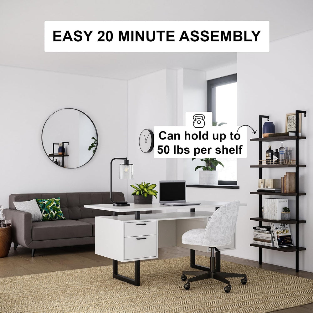 Nathan James Theo 5-Shelf Wood Modern Bookcase, Open Wall Mount Ladder Booksh...