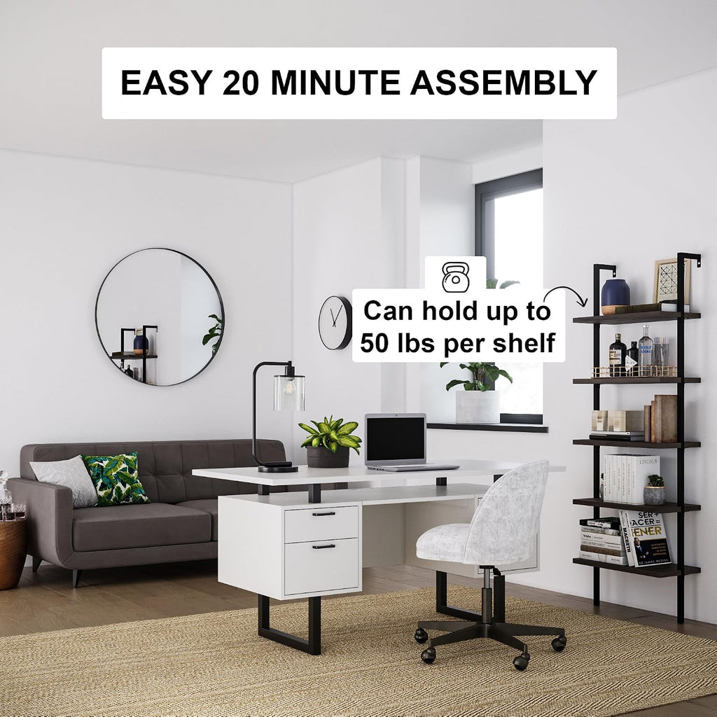 Nathan James Theo 5-Shelf Wood Modern Bookcase, Open Wall Mount Ladder Bookshelf with Industrial Metal Frame, Dark Walnut Brown/Black, Set of 4