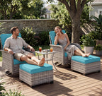 Outdoor Patio Furniture Set Patio Rocking Swivel Chair with Ottomans Outdoor Wicker Rattan Bistro Set with Tempered Glass Side Table for Garden, Deck, and Balcony, Turquoise