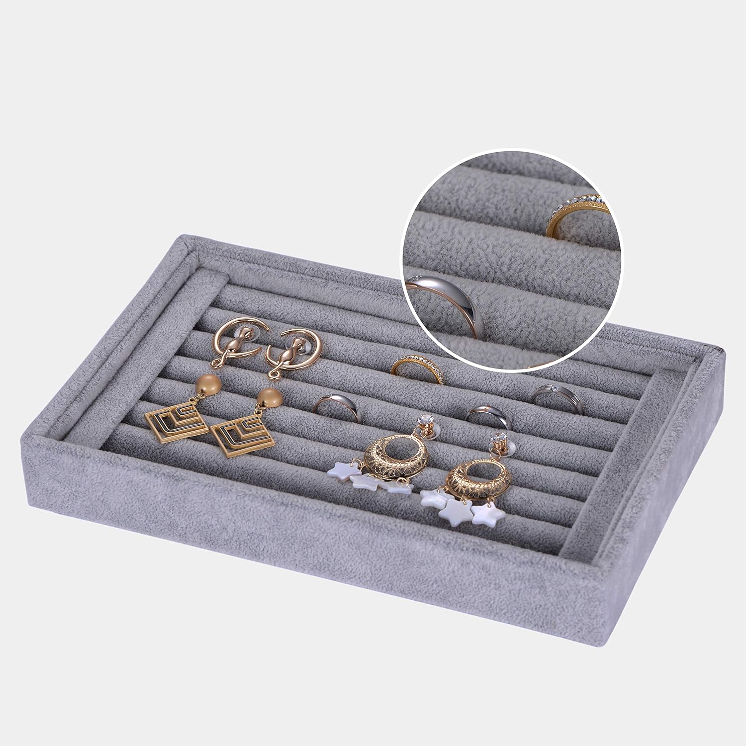 Valyria Velvet 7 Slots Ring Earrings Trays Showcase Display Jewelry Organizer (Grey)