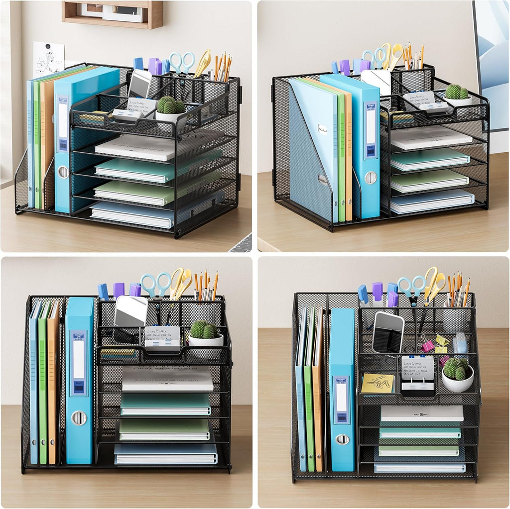 Lavatino Desk Organizer, 5-Tier Metal Mesh Paper Letter Tray with 2 File Holders & 7 Flexible Dividers for Office or Home Desk Organizers and Accessories, Keep Workspace Supplies Neat, Black