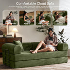 79" Convertible Sofa Bed with Fixed-Shape Frame & Removable Armrests, Modular Corduroy Sleeper Sofa, Folding Mattress Couch for Small Spaces - No Assembly Needed in Green (Includes 2 Pillows)