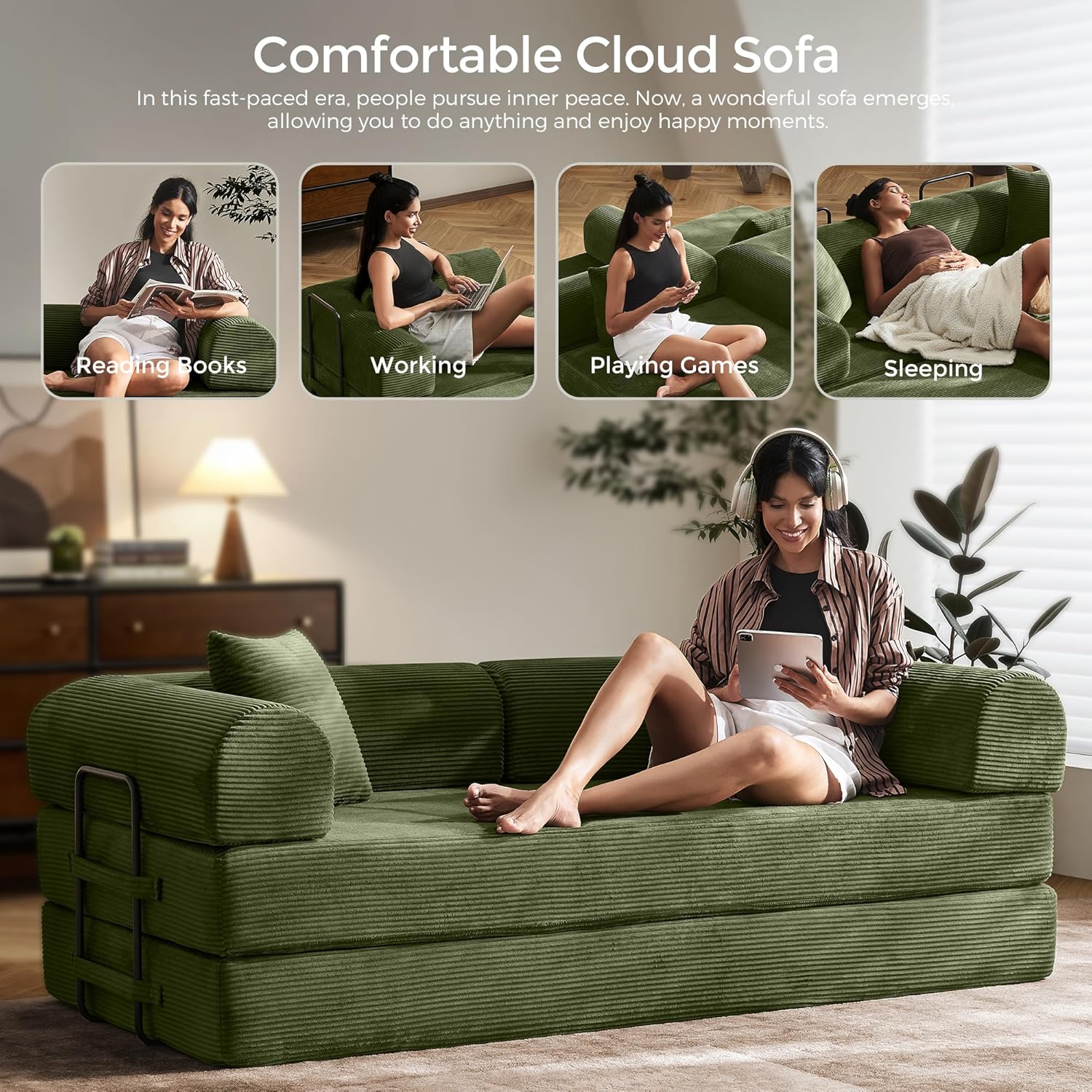 79" Convertible Sofa Bed with Fixed-Shape Frame & Removable Armrests, Modular Corduroy Sleeper Sofa, Folding Mattress Couch for Small Spaces - No Assembly Needed in Green (Includes 2 Pillows)