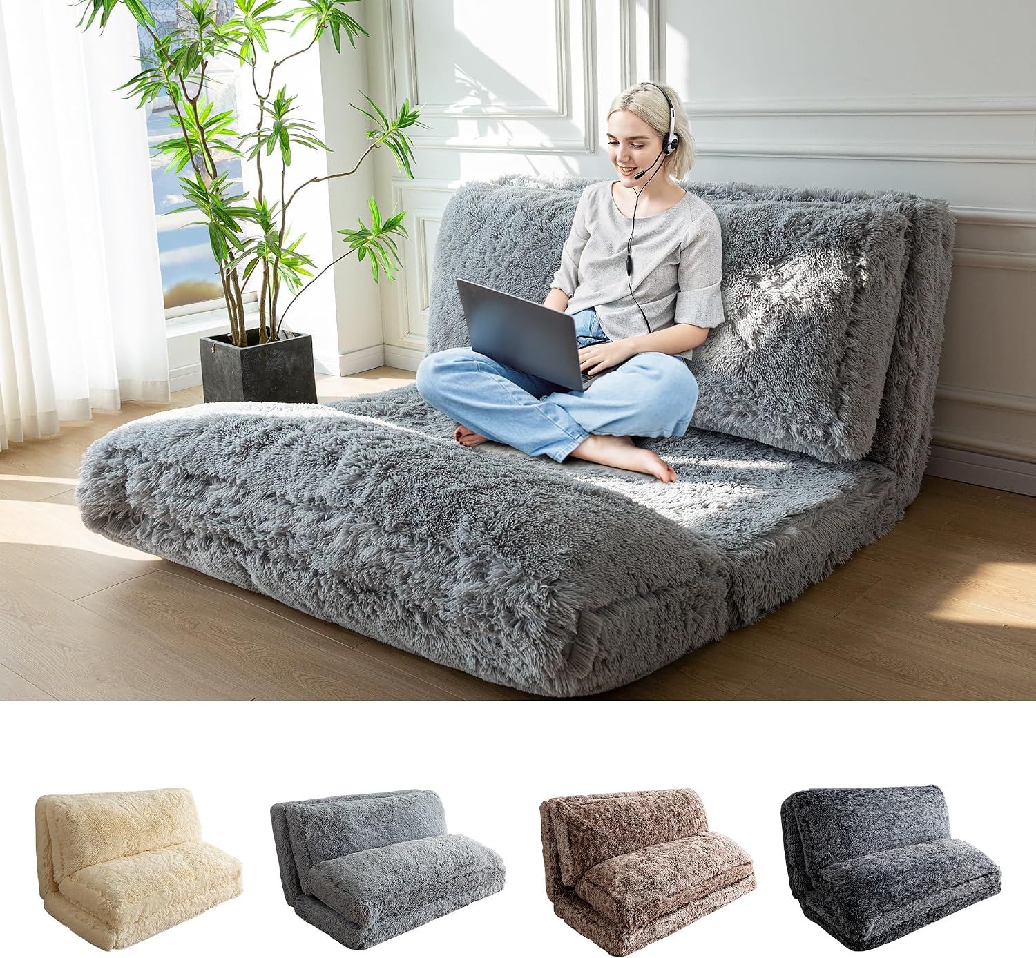 MAXYOYO Bean Bag Chair, Faux Fur Floor Sofa Floor Chairs for Adults, Folding Sofa Bed Foam Filling Wall Couch Chairs, Grey, 54x95 Inch