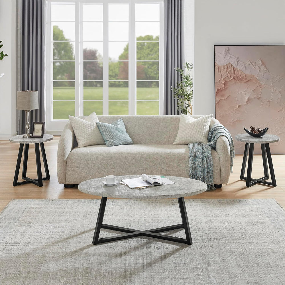 Polay Coffee Table Set 3-Piece Oval Wood with 2 Round End Tables | Modern 3-p...
