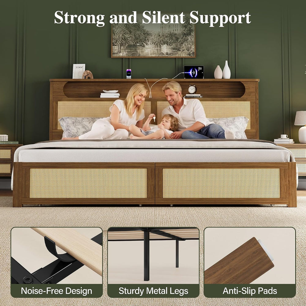Belffin King Size Rattan Bed Frame with 2 Storage Drawers, Wood Bed, Brown