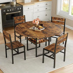 Round Dining Table Set for 4, Circle Kitchen Table and 4 Chairs, 5 piece Dining Table Set, with Wooden Tabletop and Widen Seat, Space Saving, for Dining Room, Rustic Brown and Black