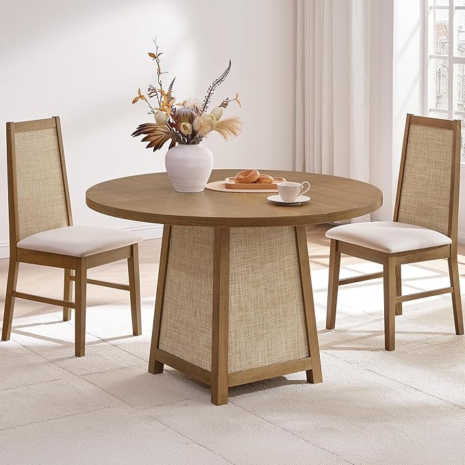 SICOTAS Wood Dining Chairs Set of 2 - Rattan Dining Room Chairs with Solid Wood Leg, Farmhouse Upholstered Kitchen Chairs High Back, Modern Armless Dining Chair for Dining Room, Kitchen, Oak, 2PCS