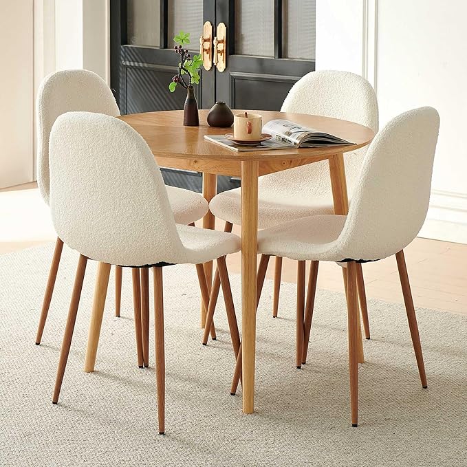 Dining Kitchen Chairs Set of 4, Modern Upholstered Living Room Chairs White Comfortable Teddy Fabric Bedroom Chairs, Space Saving Dining Side Chairs for Apartment, Restaurant