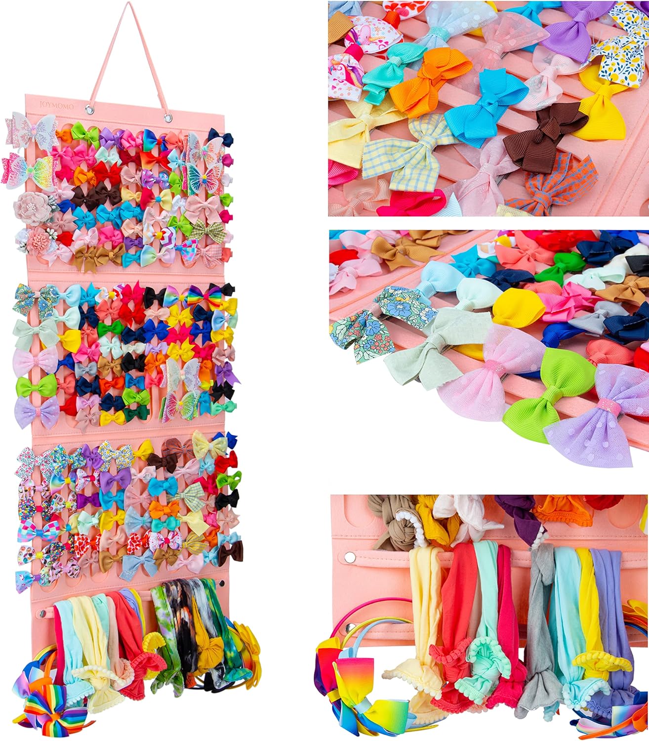 Girly Pink Hair Accessory Organizer - Holder for Girls' Hair Bows, Clips, Ties & Scrunchies - Foldable Wall Mount Storage Caddy