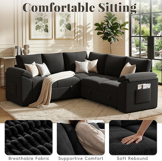 85 Inch Sectional Sleeper Sofa Bed with Pull Out Couch, U Shaped 5 Seat Cloud Modular Sectional Sofa with Storage, Corduroy Sectional Couches for Living Room, Removable Sofa Cover, Dark Grey