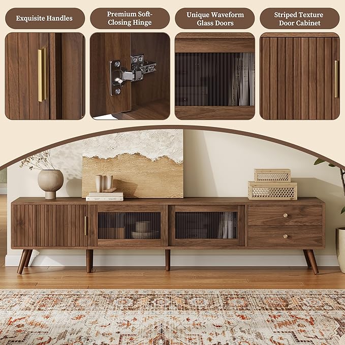 Marzzi Mid-Century Modern TV Stand for 85 inches TV, 76" Media Console with Fluted Cabinet Door, Sliding Glass Doors, and 2 Drawers, Entertainment Center with Storage, Solid Wood Legs