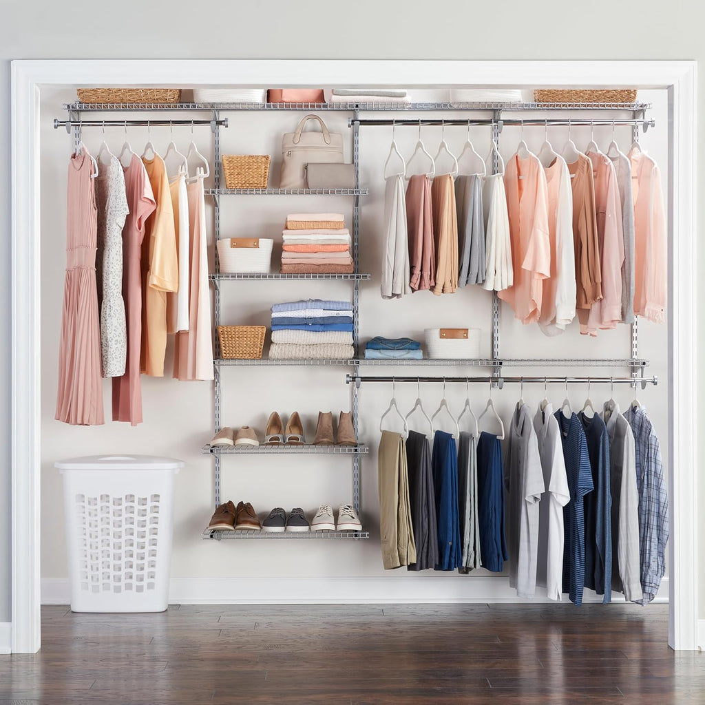Rubbermaid Configurations Deluxe Custom Closet Kit 4-8 Ft. Adjustable Metal Wire Shelving Titanium Finish Expandable Organization System Hardware Included for Home Closet/Pantry/Laundry/Mudroom