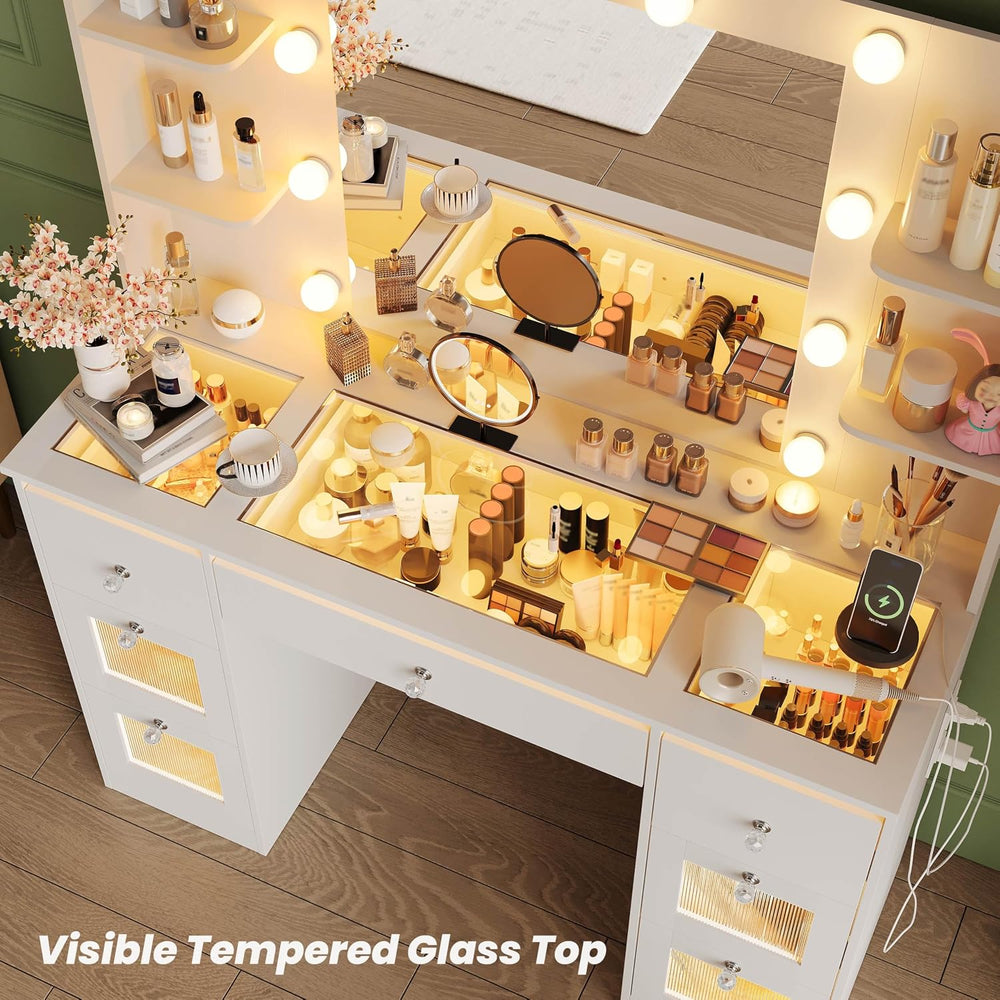 Makeup Vanity with 3-Color Lighted Mirror, Glass Top Makeup Desk with 7 Drawe...