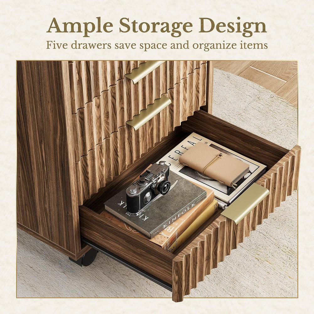 5 Drawer Chest, Under Desk Storage Wood Drawers with Wheels, Fluted File Cabi...