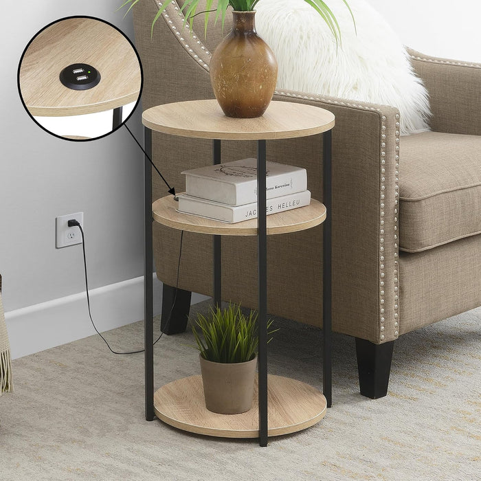 Convenience Concepts Simon End Table with USB Ports 15.75" – Modern 3-Tier Round Side Table with Storage Shelves for Family Room, Industrial Style Table with Charging Station, Weathered White, Black