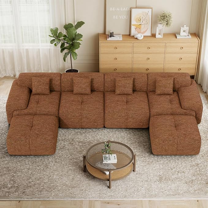 158" U Shaped Convertible Modular Couch, Cloud Couch Sectional with Ottoman, 6-Seater Chenille Boneless Couches for Living Room, Apartment, No Assembly, Orange 1PCS