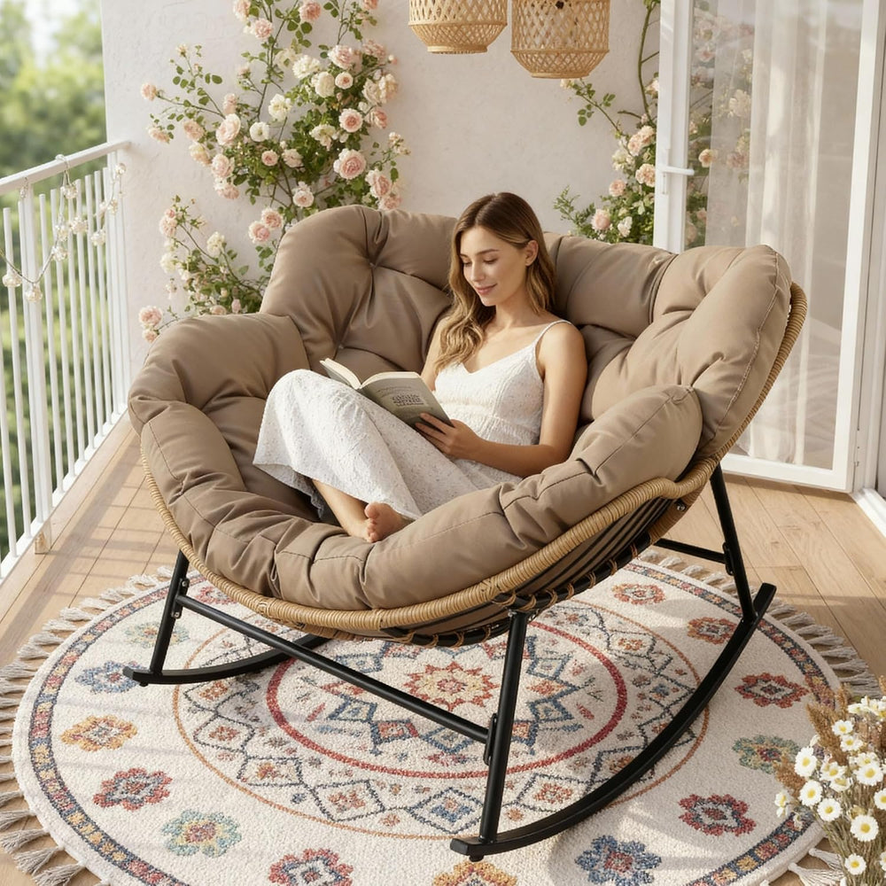 FINCATI Papasan Rocking Chair Indoor Outdooor, Oversized Wicker Recliner with...