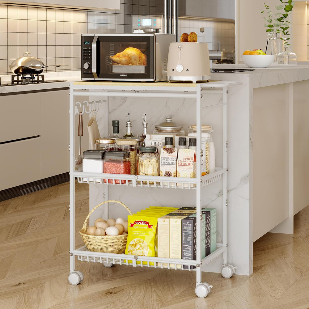 Microwave Kitchen Cart with 2 Lockable Wheels, White Kitchen Storage Cart wit...