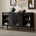 Merax Modern Geometric Accent Cabinet, Vertical Striped Design Sideboard Buffet with Two Drawers, Sliding Doors, Wood Veneer Top, Minimalist Storage Cabinet for Study, Entryway and Living Room, Black