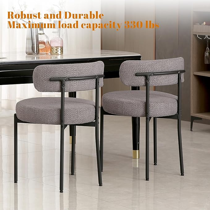 DYHOME Dark Grey Dining Chairs Set of 6, Mid-Century Modern Dining Chairs, Kitchen Dining Room Chairs, Curved Backrest Round Upholstered Boucle Sherpa Dining Chair with Black Metal Legs