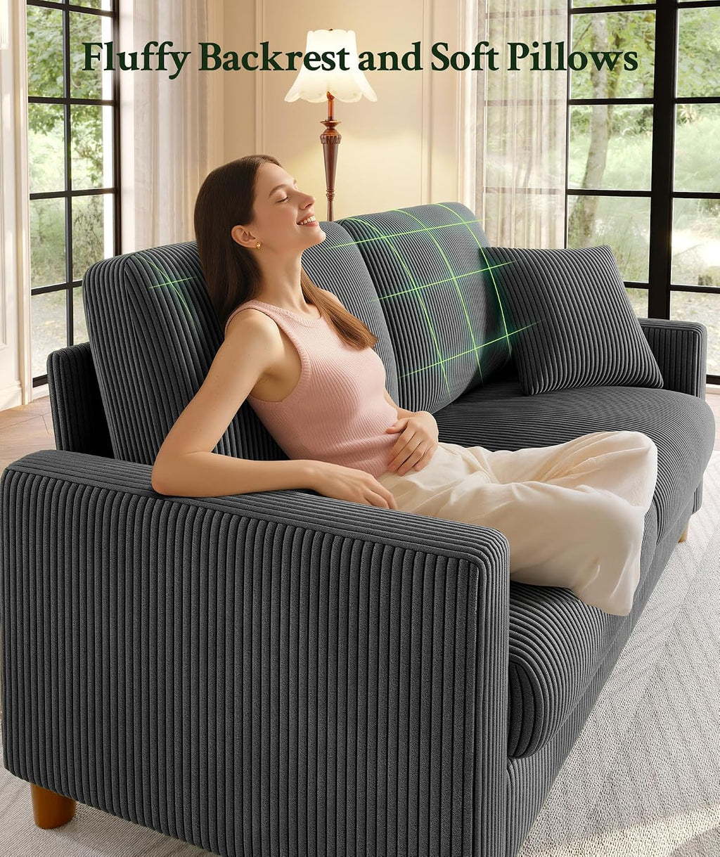 Welzona 70.2" Couches for Living Room, Comfy L Shaped Couch Grey 7.1" Thicker Cushion, Sofas for Living Room Tool-Free Setup, Loveseat with Ottoman 705lbs Support, Corduroy Couch for Bedroom, Office